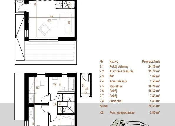 Rzut - Mieszkanie na sprzedaż 5 pokoi o powierzchni 78,51 m² - numer 6.2 w Osiedle Dębowe