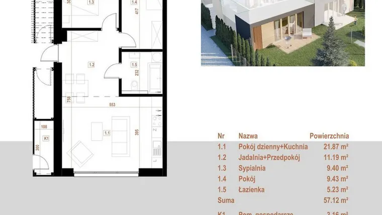 Rzut - Mieszkanie na sprzedaż 4 pokoje o powierzchni 57,12 m² - numer 8.1 w Osiedle Dębowe