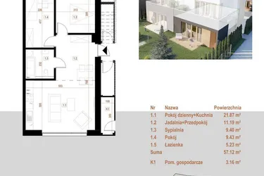 Rzut - Mieszkanie na sprzedaż 4 pokoje o powierzchni 57,12 m² - numer 9.1 w Osiedle Dębowe