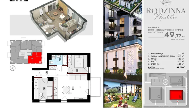 Rzut - Mieszkanie na sprzedaż 3 pokoje o powierzchni 49,51 m² - numer B15 w Rodzinna Malta