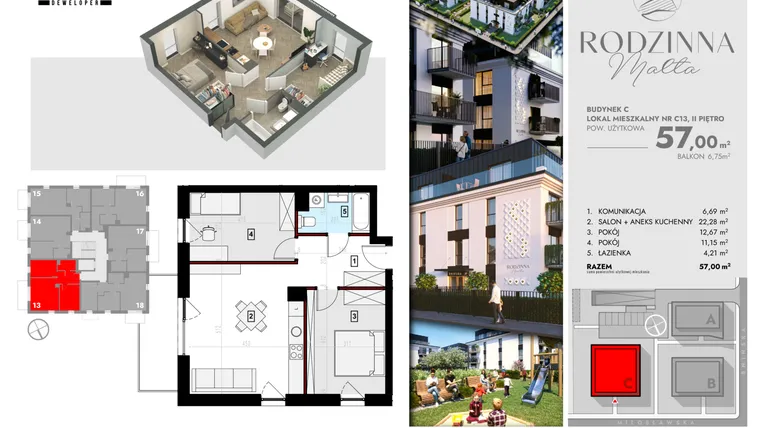 Rzut - Mieszkanie na sprzedaż 3 pokoje o powierzchni 57,21 m² - numer C13 w Rodzinna Malta