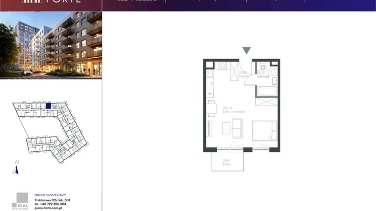 Rzut - Mieszkanie na sprzedaż 1 pokój o powierzchni 37,43 m² - numer B.2.58 w Piano