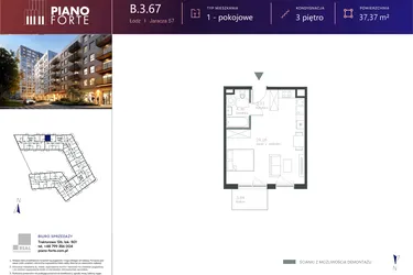Rzut - Mieszkanie na sprzedaż 1 pokój o powierzchni 37,38 m² - numer B.3.67 w Piano