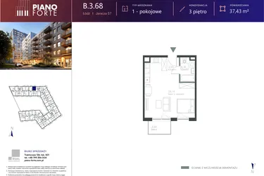 Rzut - Mieszkanie na sprzedaż 1 pokój o powierzchni 37,43 m² - numer B.3.68 w Piano