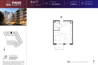Rzut - Mieszkanie na sprzedaż 1 pokój o powierzchni 37,38 m² - numer B.4.77 w Piano
