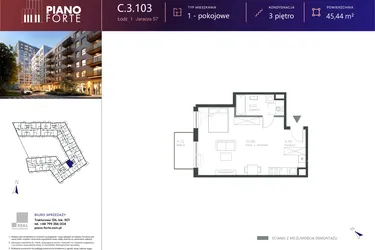 Rzut - Mieszkanie na sprzedaż 1 pokój o powierzchni 45,45 m² - numer C.3.103 w Piano