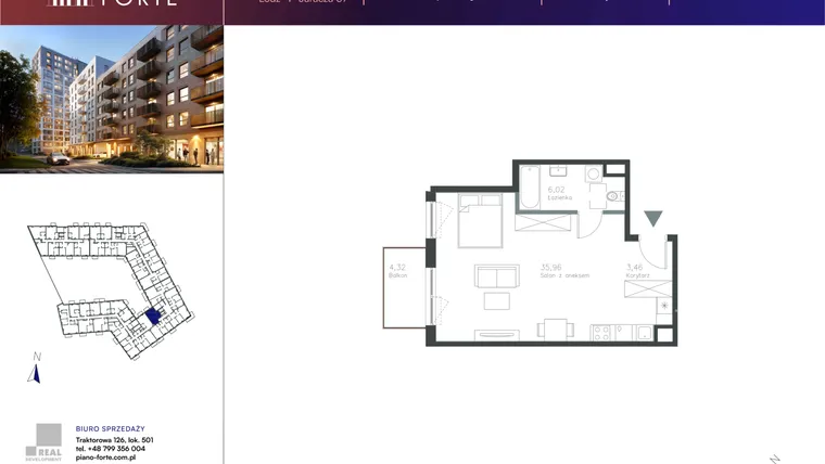 Rzut - Mieszkanie na sprzedaż 1 pokój o powierzchni 45,45 m² - numer C.3.103 w Piano