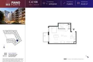 Rzut - Mieszkanie na sprzedaż 1 pokój o powierzchni 45,45 m² - numer C.4.108 w Piano