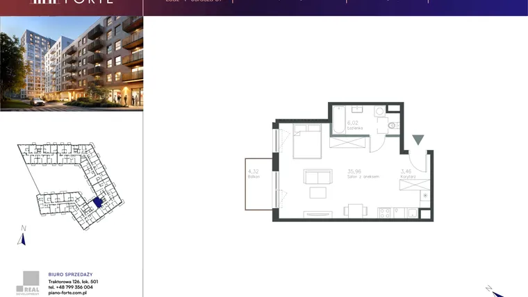 Rzut - Mieszkanie na sprzedaż 1 pokój o powierzchni 45,45 m² - numer C.4.108 w Piano
