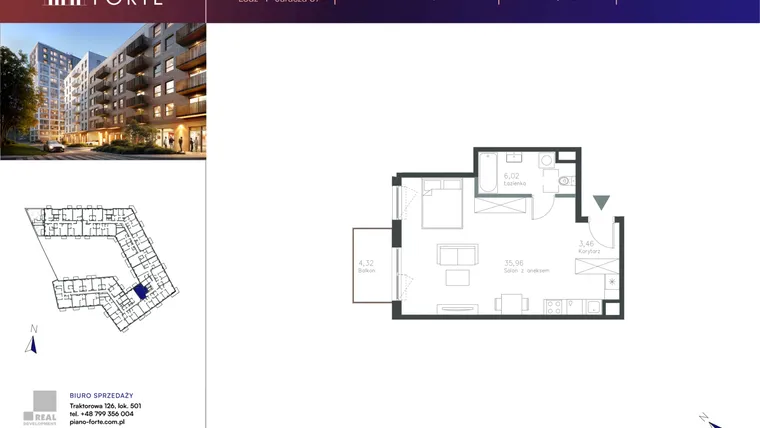 Rzut - Mieszkanie na sprzedaż 1 pokój o powierzchni 45,45 m² - numer C.5.113 w Piano
