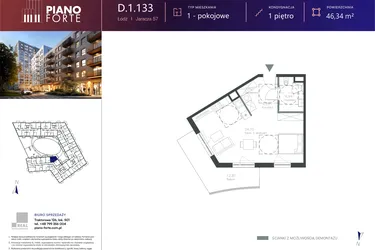 Rzut - Mieszkanie na sprzedaż 1 pokój o powierzchni 46,34 m² - numer D.1.133 w Piano