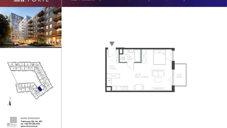 Rzut - Mieszkanie na sprzedaż 1 pokój o powierzchni 44,65 m² - numer D.2.135 w Piano