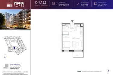 Rzut - Mieszkanie na sprzedaż 1 pokój o powierzchni 35,23 m² - numer D.1.132 w Piano