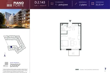 Rzut - Mieszkanie na sprzedaż 1 pokój o powierzchni 35,35 m² - numer D.2.143 w Piano