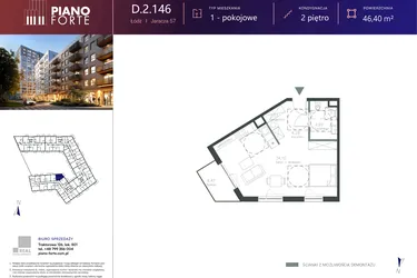Rzut - Mieszkanie na sprzedaż 1 pokój o powierzchni 46,4 m² - numer D.2.146 w Piano