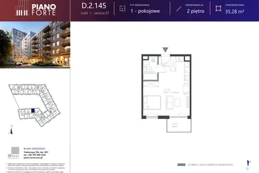 Rzut - Mieszkanie na sprzedaż 1 pokój o powierzchni 35,29 m² - numer D.2.145 w Piano