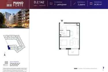 Rzut - Mieszkanie na sprzedaż 1 pokój o powierzchni 34,96 m² - numer D.2.142 w Piano