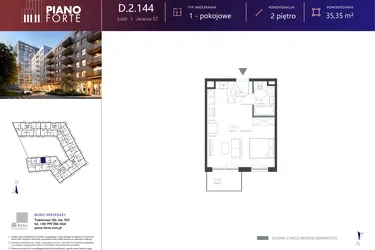 Rzut - Mieszkanie na sprzedaż 1 pokój o powierzchni 35,35 m² - numer D.2.144 w Piano