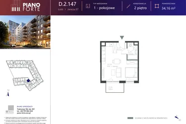 Rzut - Mieszkanie na sprzedaż 1 pokój o powierzchni 34,16 m² - numer D.2.147 w Piano