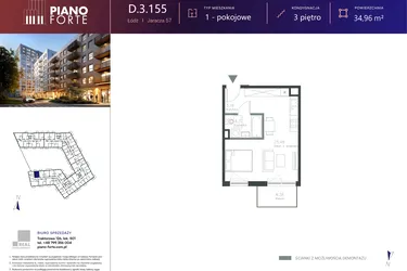 Rzut - Mieszkanie na sprzedaż 1 pokój o powierzchni 34,96 m² - numer D.3.155 w Piano