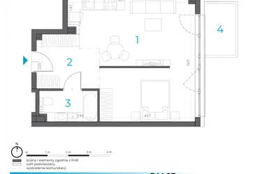 Rzut - Mieszkanie na sprzedaż 1 pokój o powierzchni 41,4 m² - numer 3.M.07 w Incepti Gaj 2