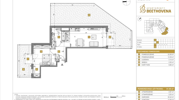 Rzut - Mieszkanie na sprzedaż 1 pokój o powierzchni 51,05 m² - numer D18 w Apartamenty Beethovena etap 2 - apartamenty inwestycyjne