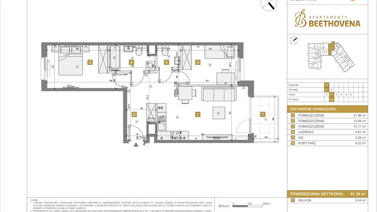 Rzut - Mieszkanie na sprzedaż 1 pokój o powierzchni 61,39 m² - numer D5 w Apartamenty Beethovena etap 2 - apartamenty inwestycyjne