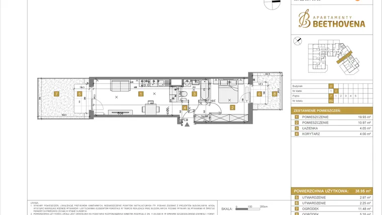 Rzut - Mieszkanie na sprzedaż 1 pokój o powierzchni 38,95 m² - numer D20 w Apartamenty Beethovena etap 2 - apartamenty inwestycyjne