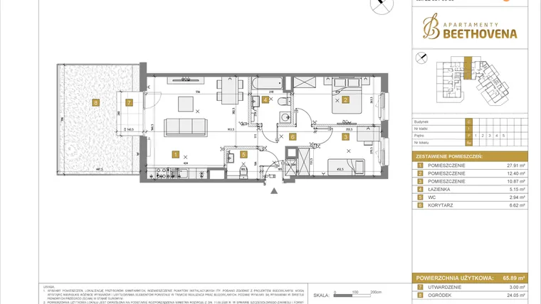 Rzut - Mieszkanie na sprzedaż 1 pokój o powierzchni 65,89 m² - numer C6 w Apartamenty Beethovena etap 2 - apartamenty inwestycyjne