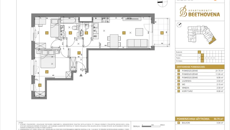 Rzut - Mieszkanie na sprzedaż 1 pokój o powierzchni 59,79 m² - numer D21 w Apartamenty Beethovena etap 2 - apartamenty inwestycyjne