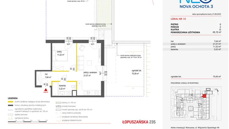 Rzut - Mieszkanie na sprzedaż 2 pokoje o powierzchni 45,15 m² - numer 68 w Neo Nova Ochota 3