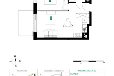 Rzut - Mieszkanie na sprzedaż 2 pokoje o powierzchni 41,93 m² - numer A.A.02 w Park Śliwowa