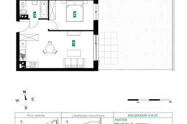 Rzut - Mieszkanie na sprzedaż 2 pokoje o powierzchni 42,54 m² - numer A.B.05 w Park Śliwowa