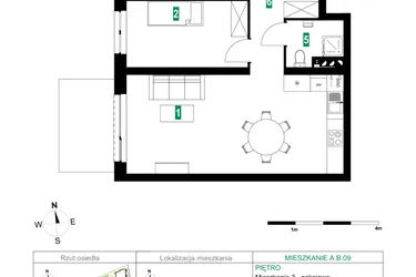 Rzut - Mieszkanie na sprzedaż 3 pokoje o powierzchni 64,88 m² - numer A.B.09 w Park Śliwowa