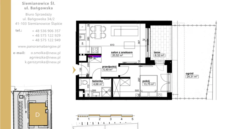 Rzut - Mieszkanie na sprzedaż 2 pokoje o powierzchni 44,44 m² - numer D.0.3 w Panorama Bańgów Etap II
