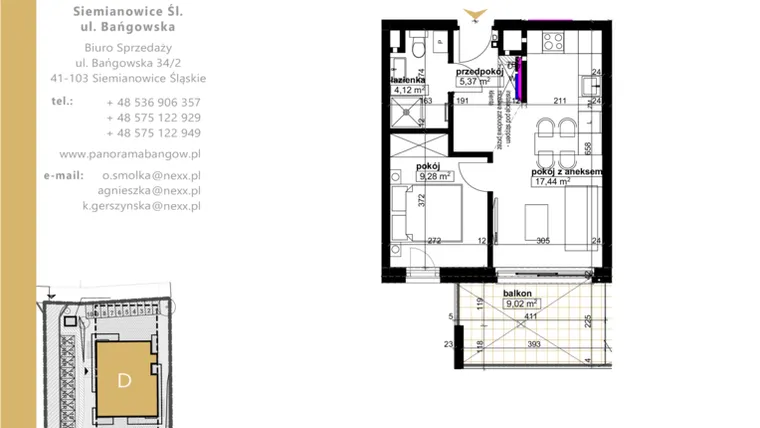 Rzut - Mieszkanie na sprzedaż 2 pokoje o powierzchni 36,21 m² - numer D.1.6 w Panorama Bańgów Etap II