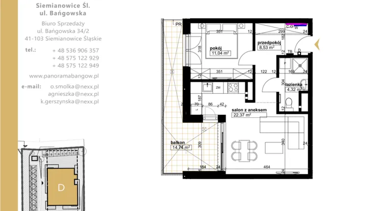 Rzut - Mieszkanie na sprzedaż 2 pokoje o powierzchni 46,26 m² - numer D.2.1 w Panorama Bańgów Etap II