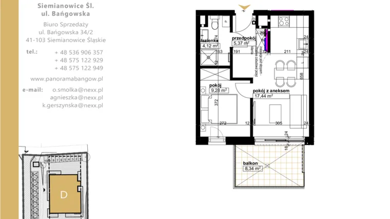 Rzut - Mieszkanie na sprzedaż 2 pokoje o powierzchni 36,21 m² - numer D.4.6 w Panorama Bańgów Etap II