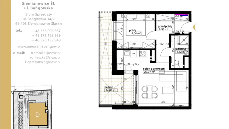 Rzut - Mieszkanie na sprzedaż 2 pokoje o powierzchni 46,26 m² - numer D.3.1 w Panorama Bańgów Etap II