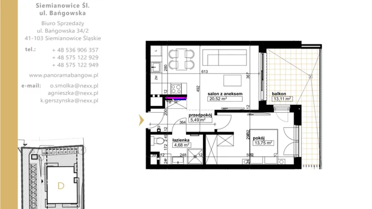 Rzut - Mieszkanie na sprzedaż 2 pokoje o powierzchni 44,44 m² - numer E.1.4 w Panorama Bańgów Etap II