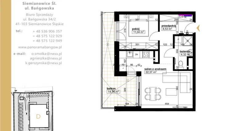 Rzut - Mieszkanie na sprzedaż 2 pokoje o powierzchni 46,26 m² - numer E.2.1 w Panorama Bańgów Etap II