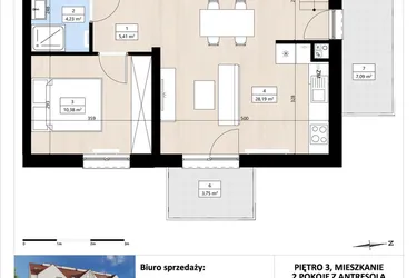Rzut - Mieszkanie na sprzedaż 2 pokoje o powierzchni 59,22 m² - numer B3/3/35 w Montano bud. B3