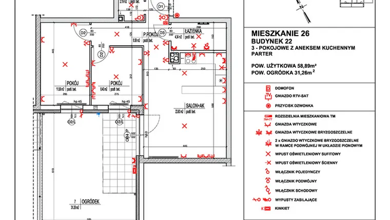 Rzut - Mieszkanie na sprzedaż 3 pokoje o powierzchni 58,89 m² - numer 26 w Osiedle 4 Pory Roku - Etap VIII