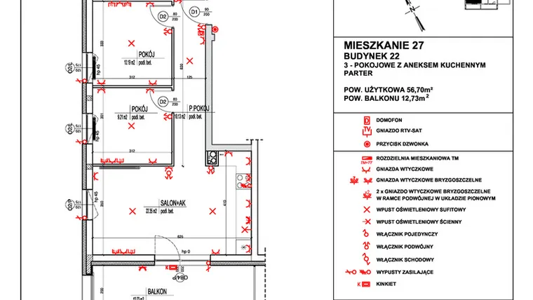 Rzut - Mieszkanie na sprzedaż 3 pokoje o powierzchni 56,7 m² - numer 27 w Osiedle 4 Pory Roku - Etap VIII
