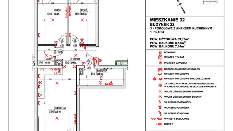Rzut - Mieszkanie na sprzedaż 3 pokoje o powierzchni 59,07 m² - numer 32 w Osiedle 4 Pory Roku - Etap VIII
