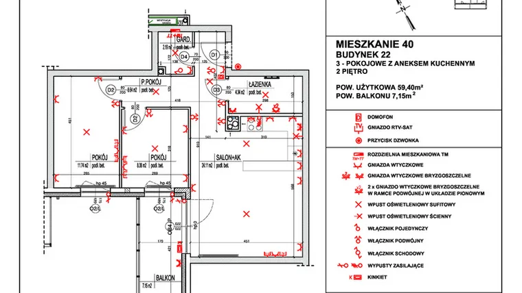 Rzut - Mieszkanie na sprzedaż 3 pokoje o powierzchni 59,4 m² - numer 40 w Osiedle 4 Pory Roku - Etap VIII