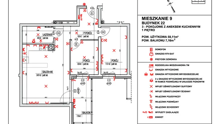 Rzut - Mieszkanie na sprzedaż 3 pokoje o powierzchni 58,11 m² - numer 9 w Osiedle 4 Pory Roku - Etap VIII