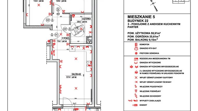 Rzut - Mieszkanie na sprzedaż 3 pokoje o powierzchni 58,91 m² - numer 5 w Osiedle 4 Pory Roku - Etap VIII