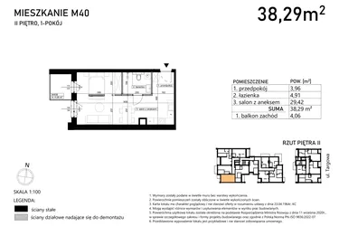 Rzut - Mieszkanie na sprzedaż 1 pokój o powierzchni 38,29 m² - numer M40 w Finezja