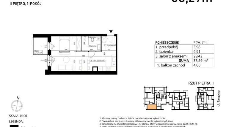 Rzut - Mieszkanie na sprzedaż 1 pokój o powierzchni 38,29 m² - numer M40 w Targowa 49